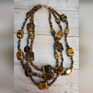 Chunky Tiger’s Eye 3-Strand Statement Necklace. 925 Clasp, Artisan Made